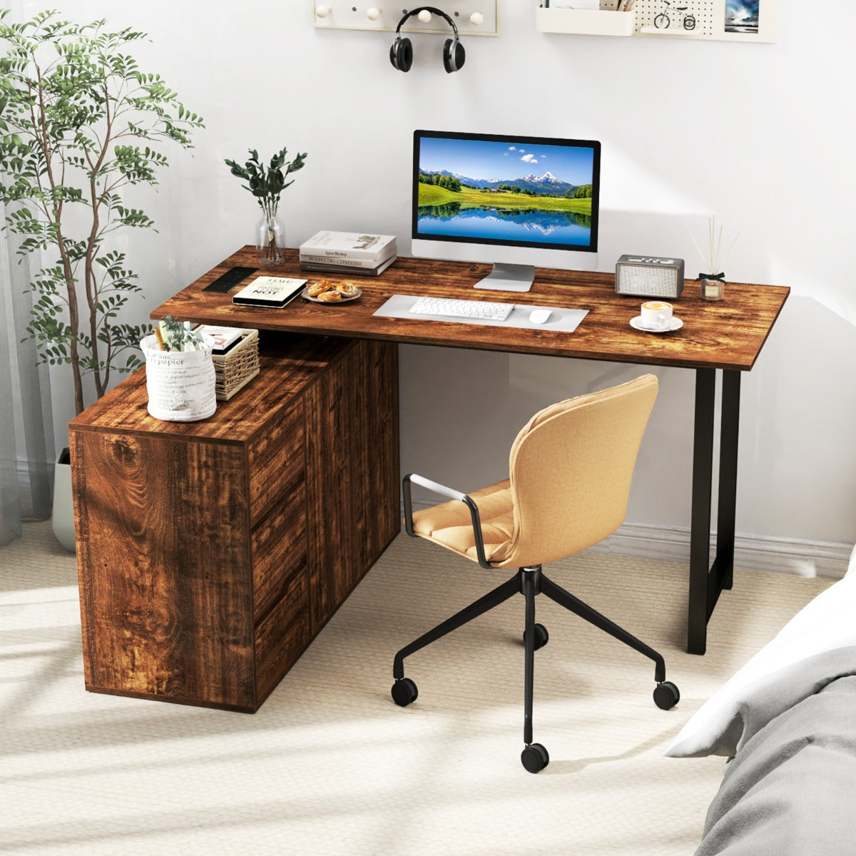 L-Shaped Computer Desk with File Cabinet and Power Outlet-Rustic Brown