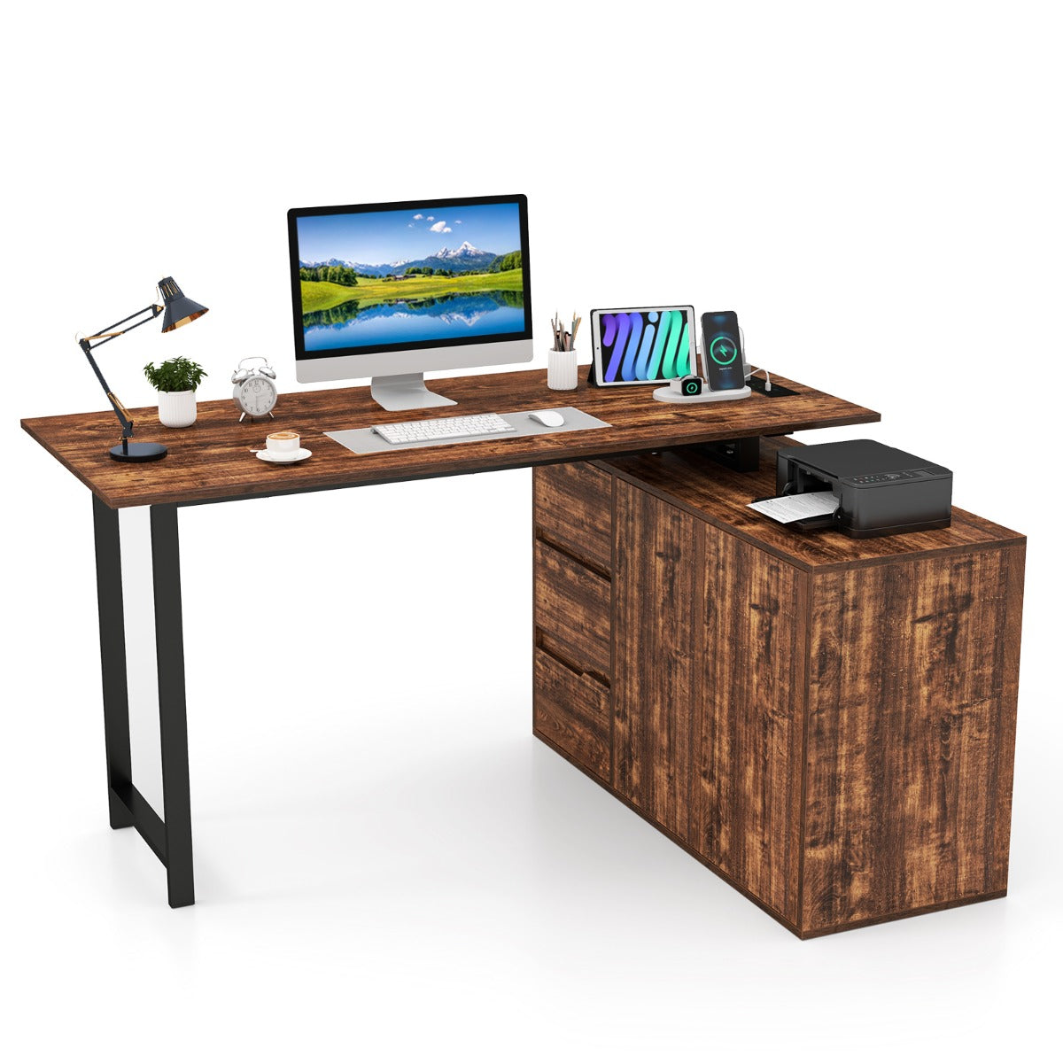 L-Shaped Computer Desk with File Cabinet and Power Outlet-Rustic Brown