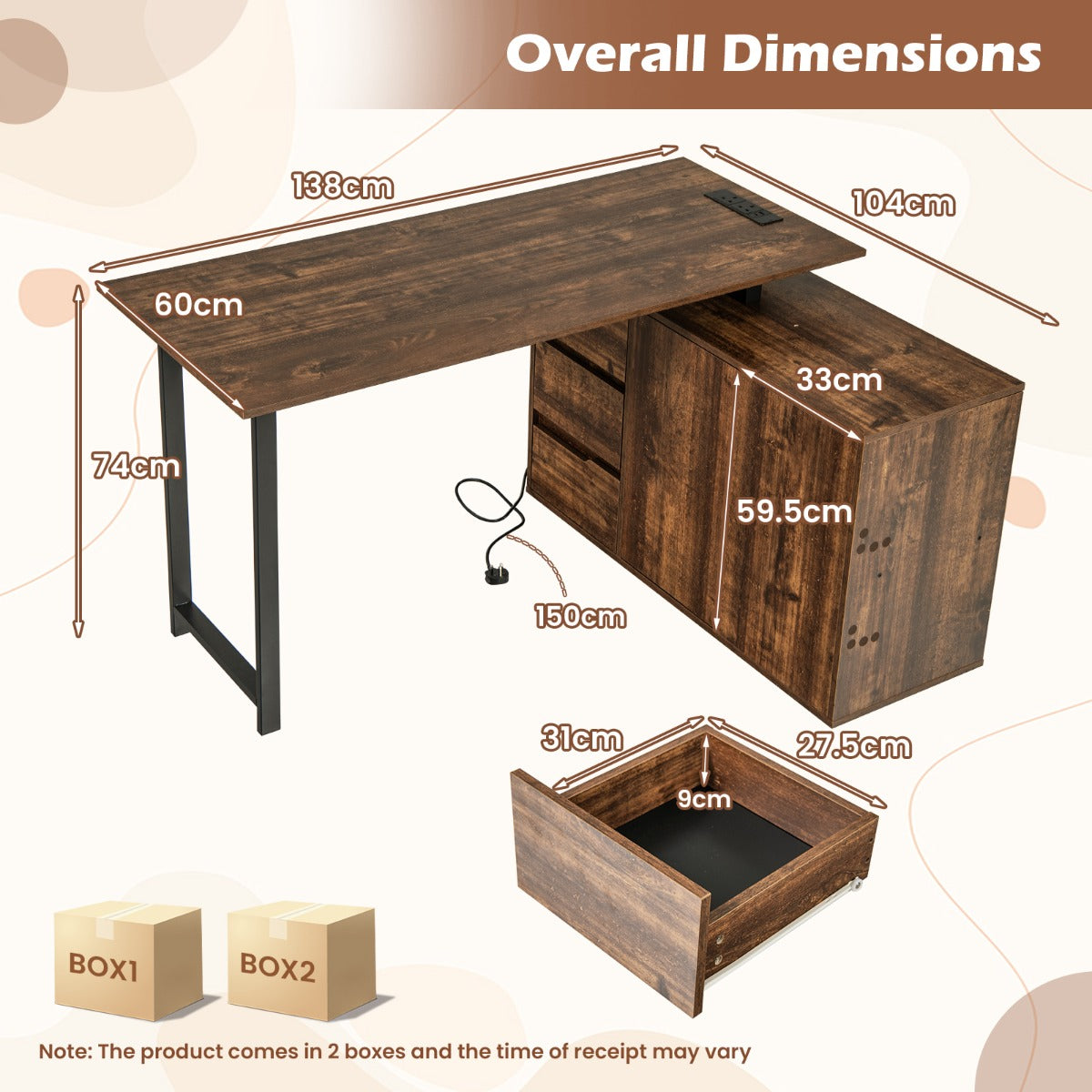 L-Shaped Computer Desk with File Cabinet and Power Outlet-Rustic Brown