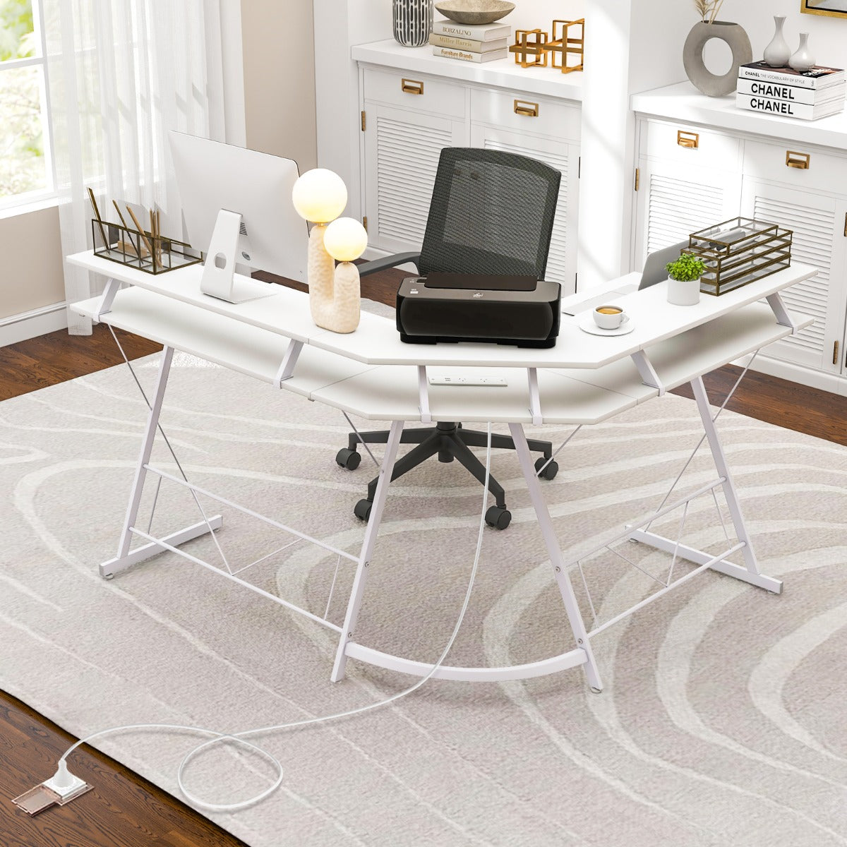 L-shaped Computer Desk with Power Outlet  for Home-White