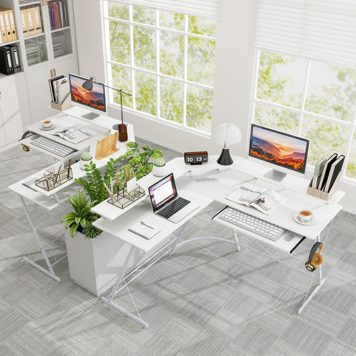 L-shaped Computer Desk with Power Outlet  for Home-White