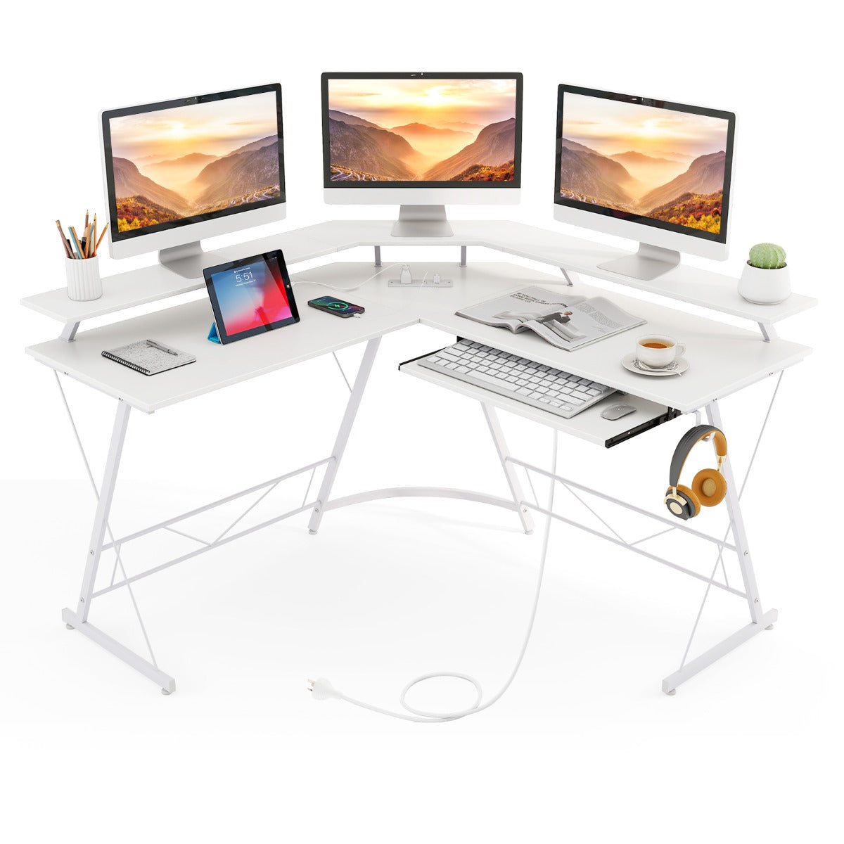 L-shaped Computer Desk with Power Outlet  for Home-White