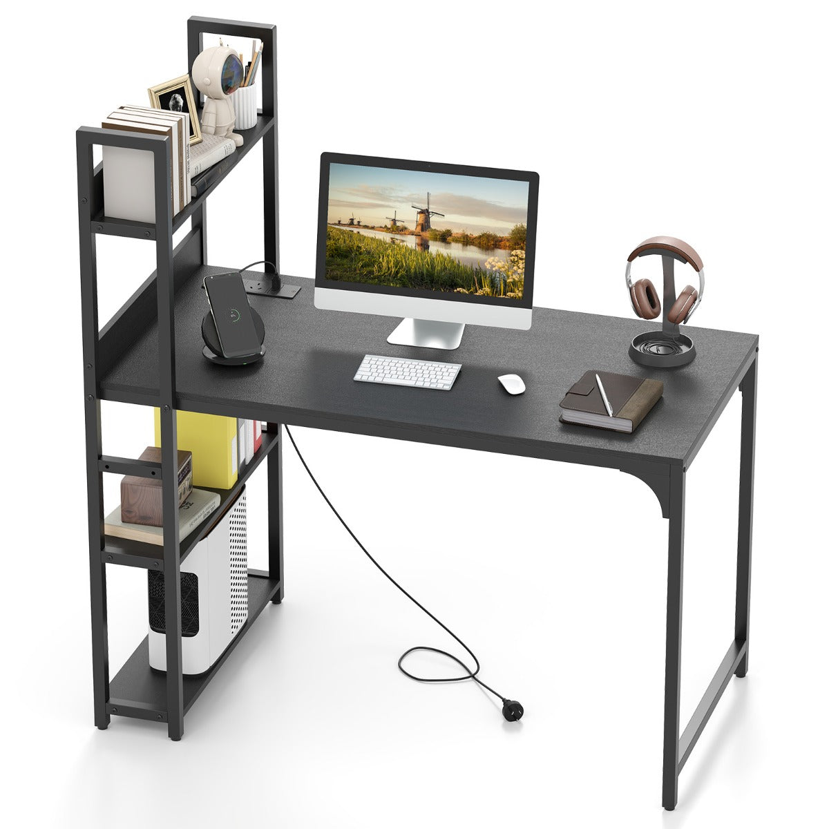 Computer Desk with Power Strip-Black