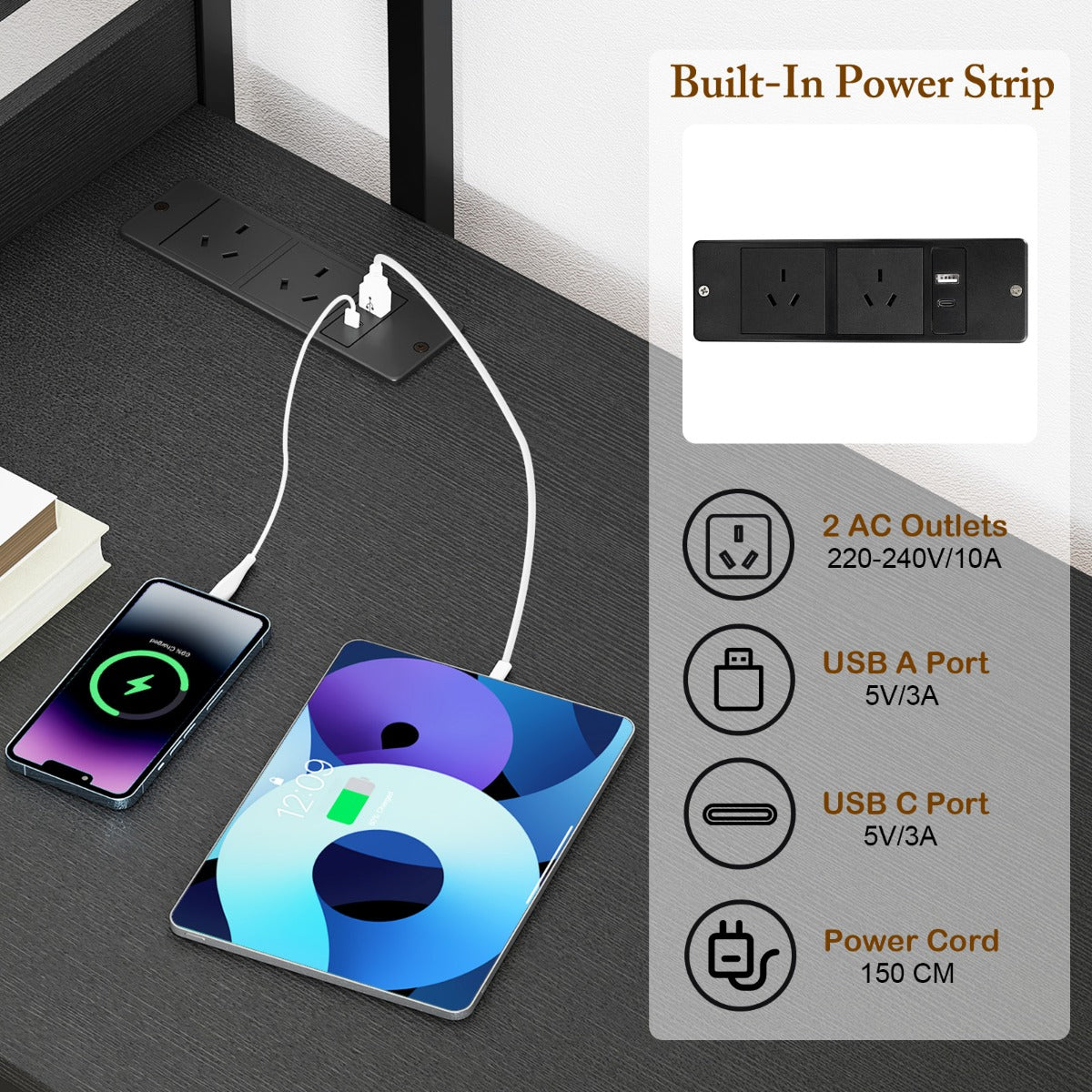 Computer Desk with Power Strip-Black
