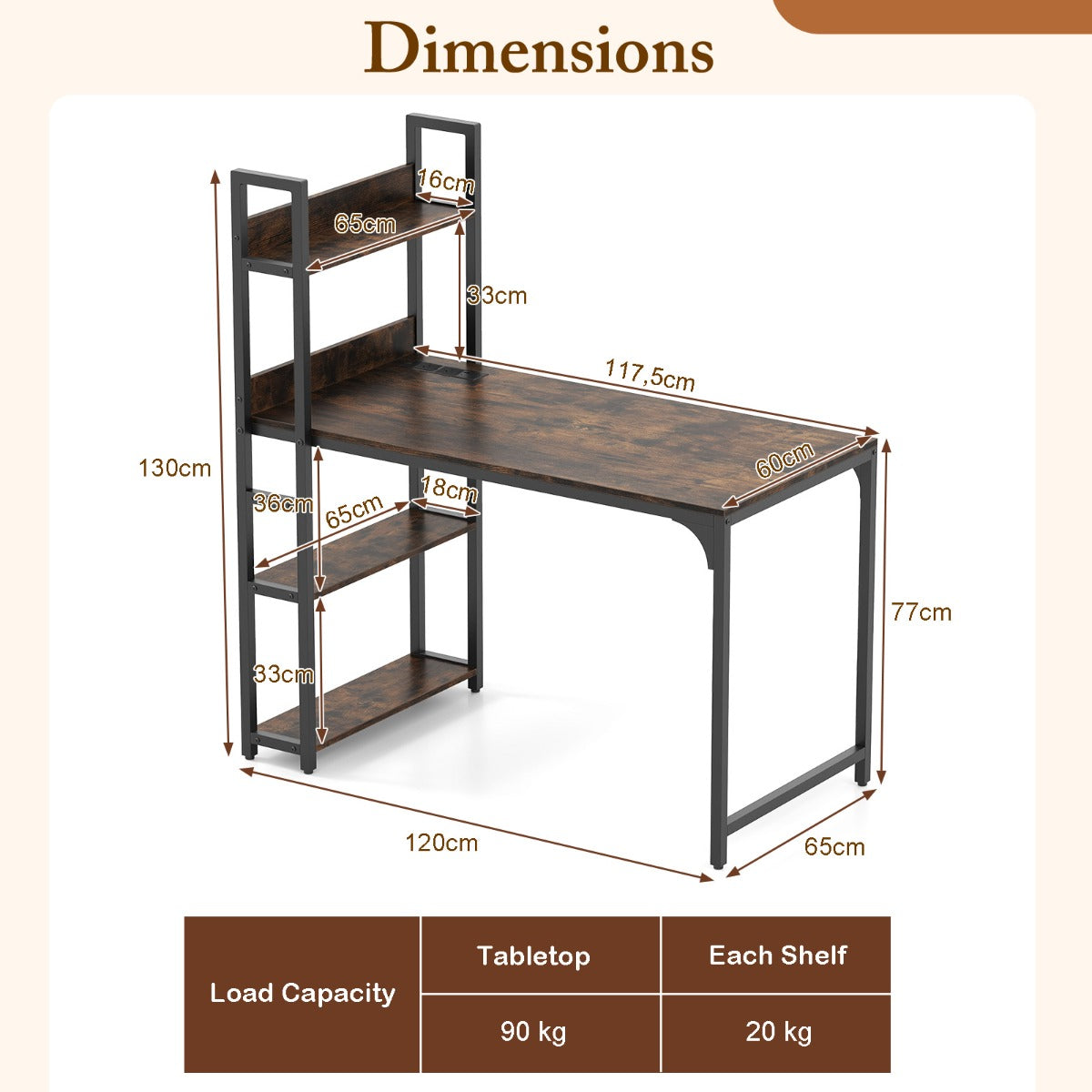 Computer Desk with Power Strip-Rustic Brown