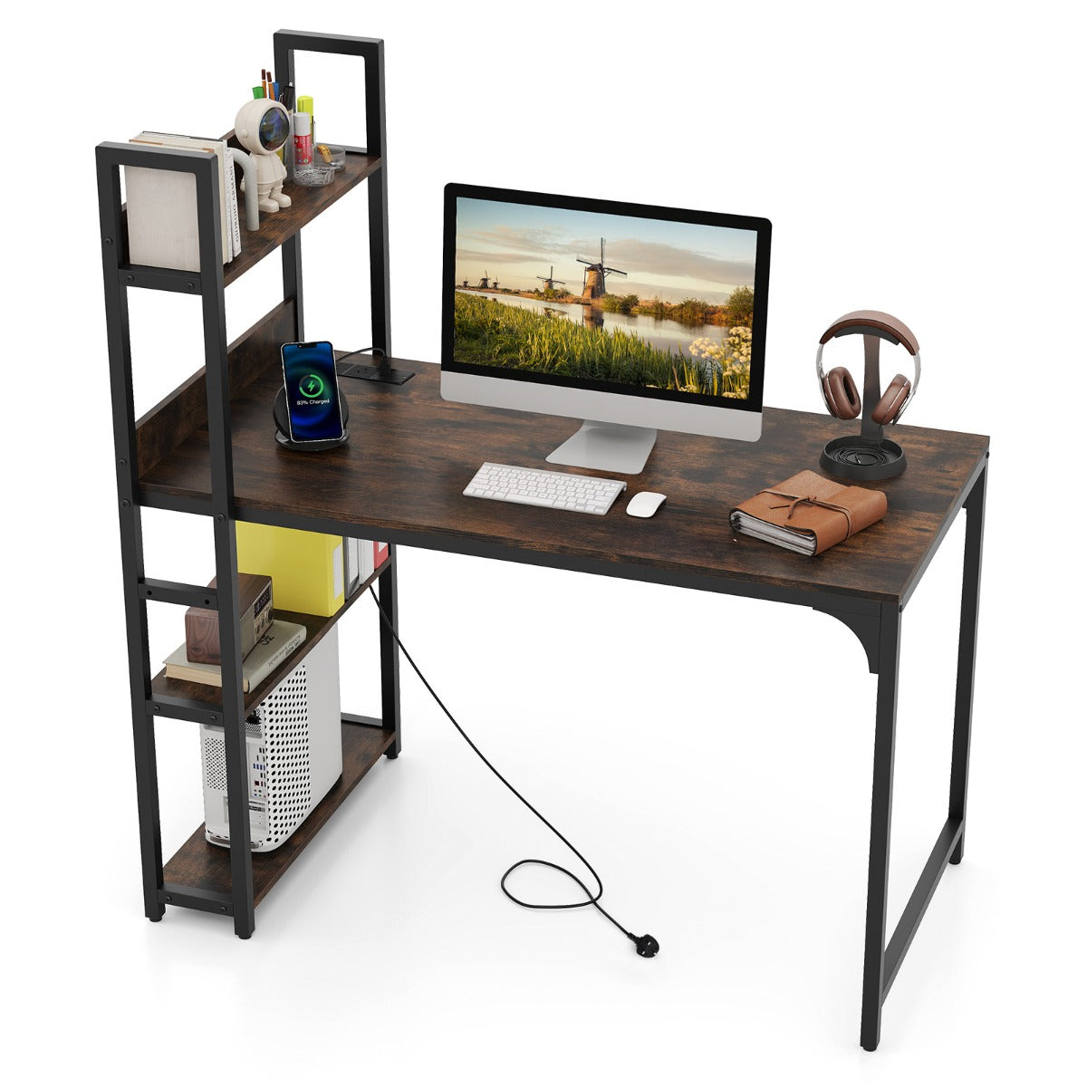 Computer Desk with Power Strip-Rustic Brown