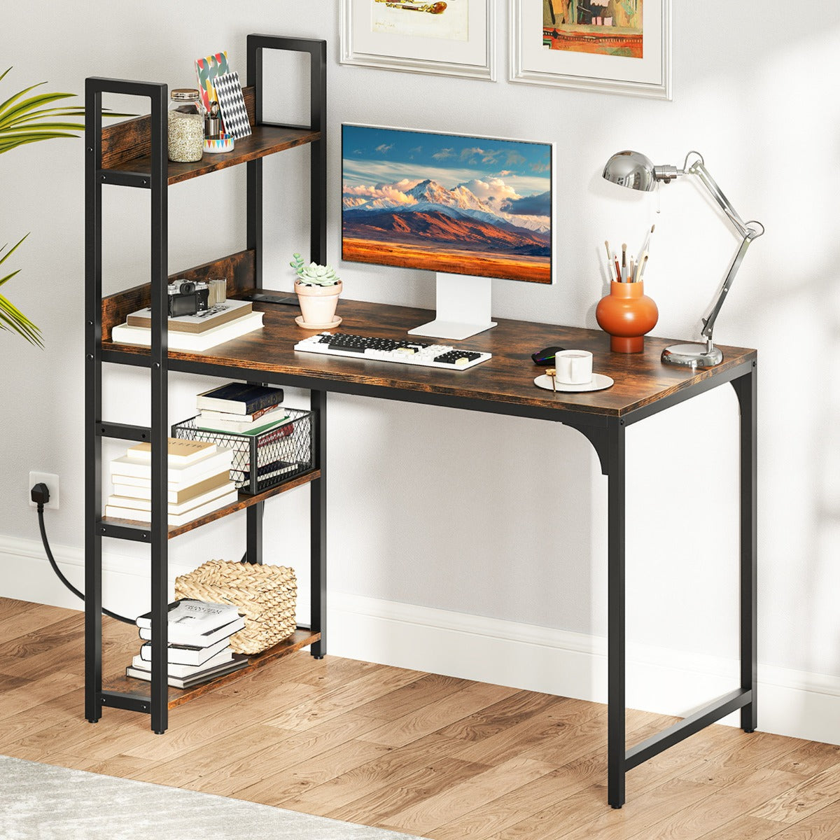 Computer Desk with Power Strip-Rustic Brown