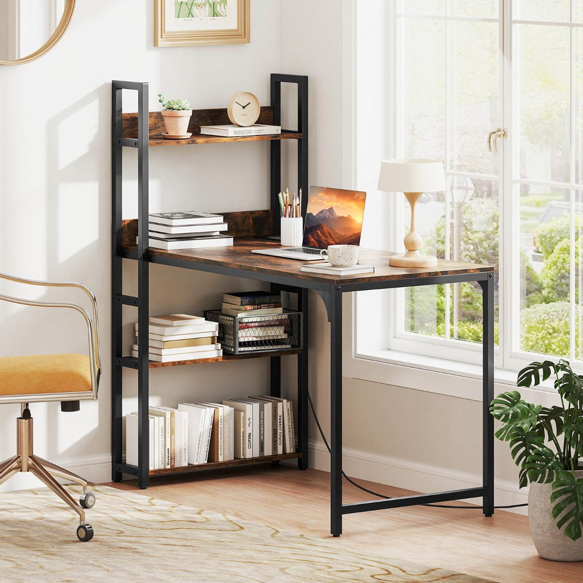 Computer Desk with Power Strip-Rustic Brown