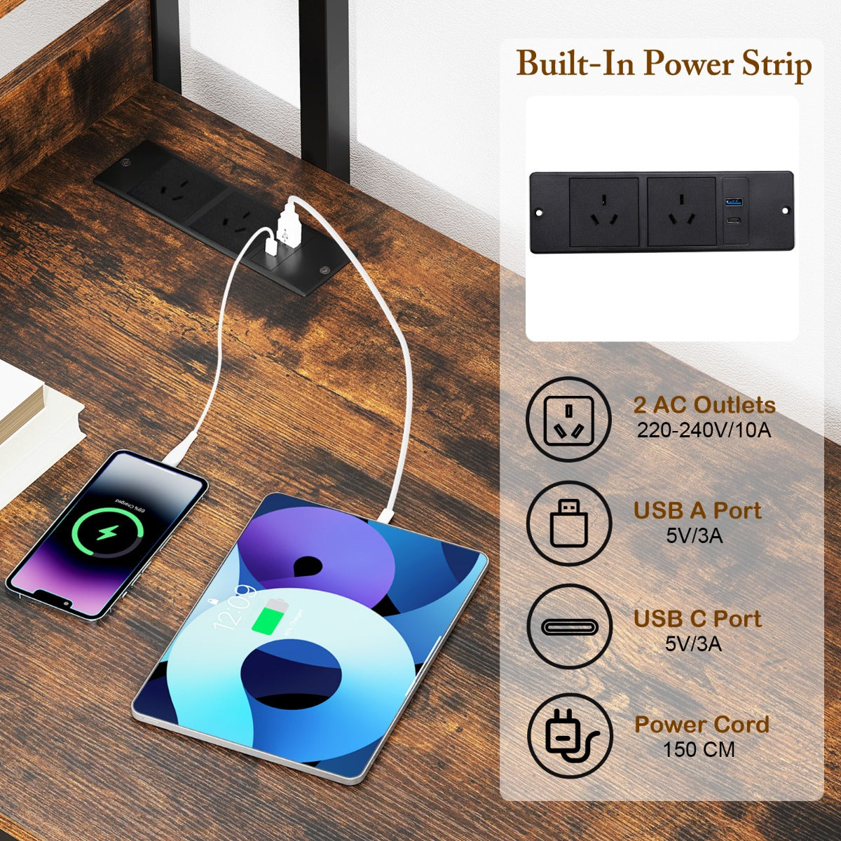 Computer Desk with Power Strip-Rustic Brown