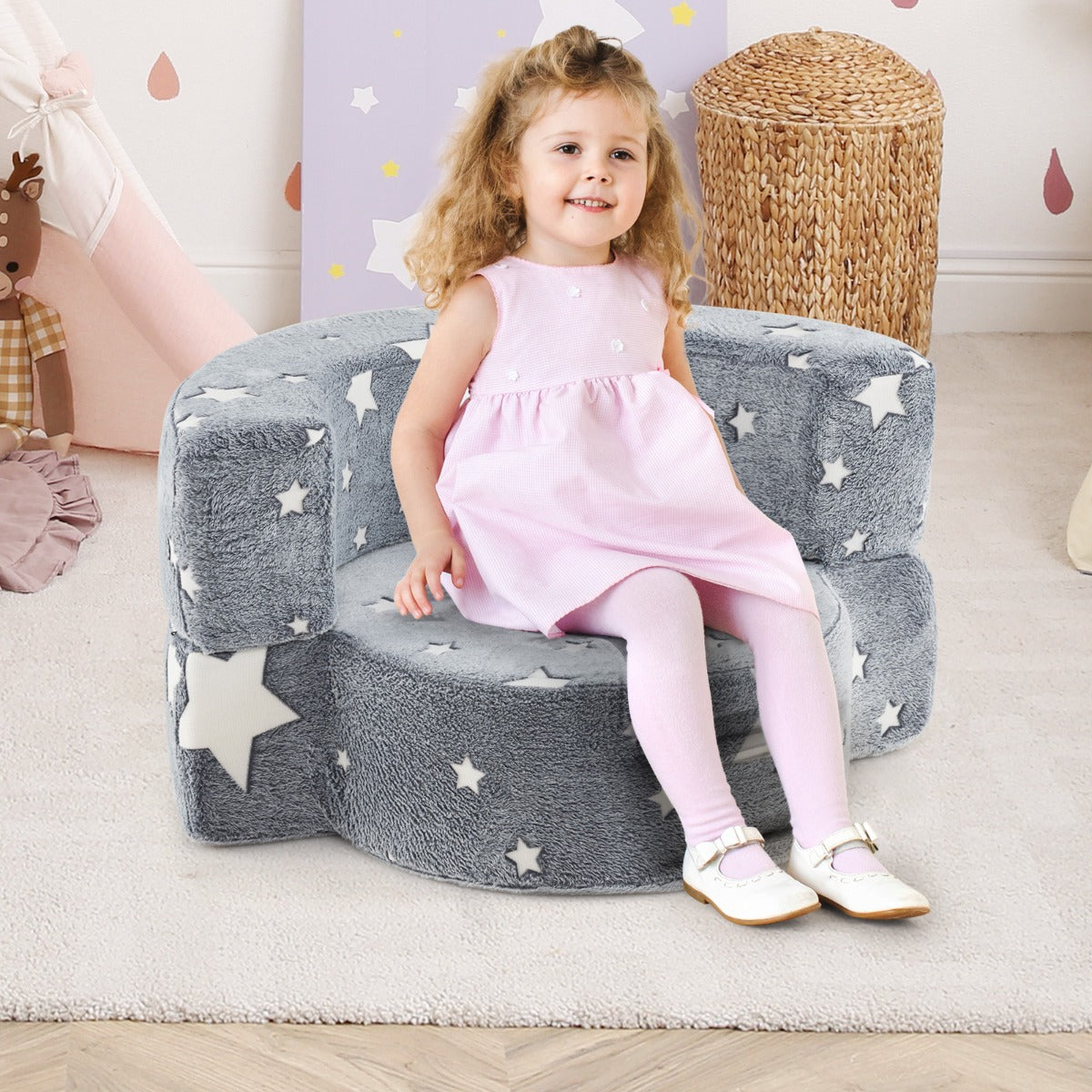 Convertible Children Sofa Kids Couch Chair with Removable and Machine-washable Cover-Grey