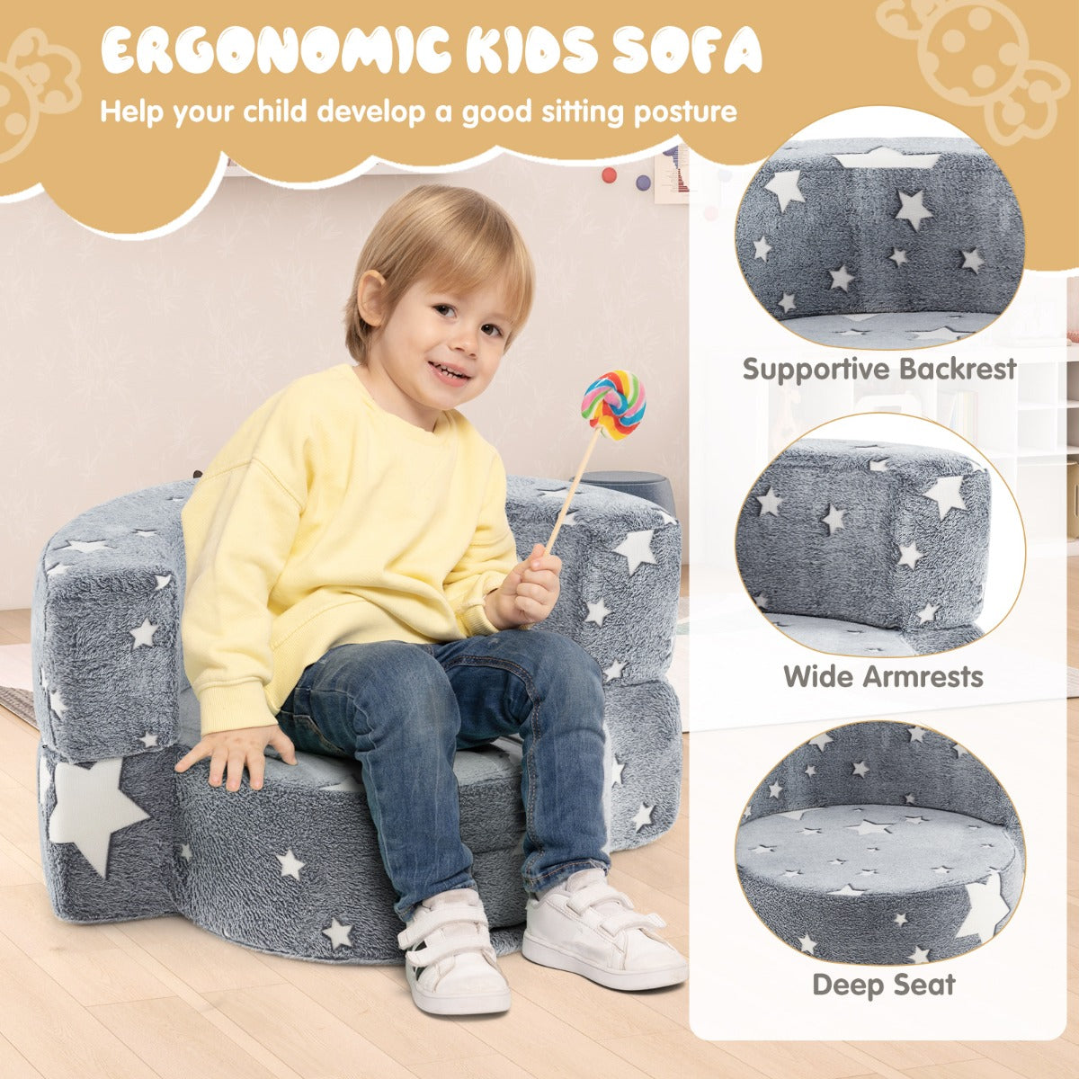 Convertible Children Sofa Kids Couch Chair with Removable and Machine-washable Cover-Grey