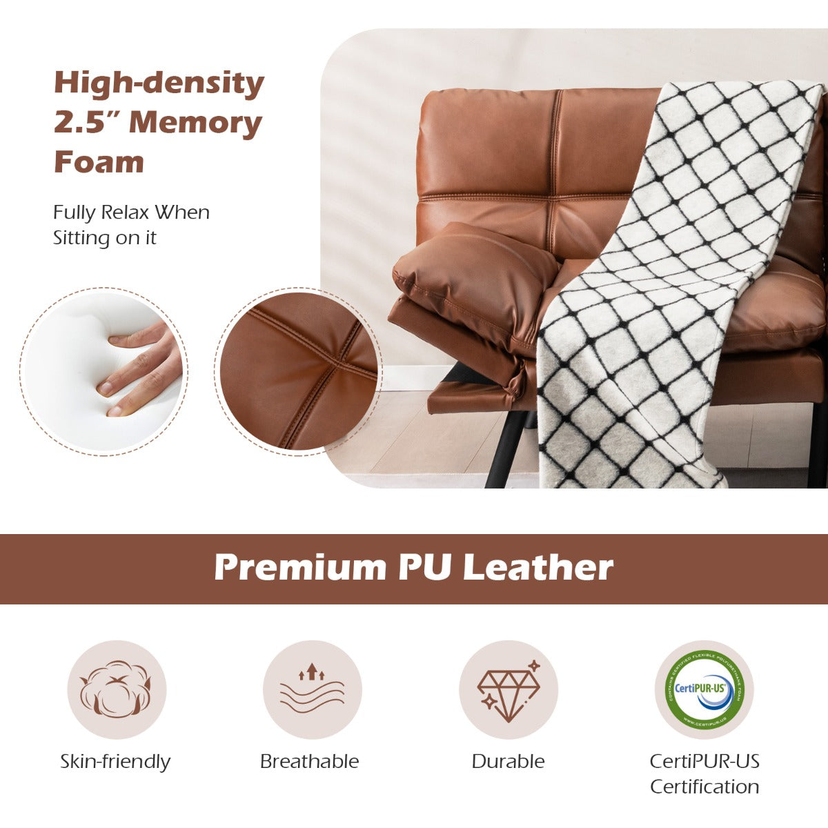Costway Convertible Memory Foam Futon Couch Bed with Adjustable Backrest and Armrests for Living Room-Brown