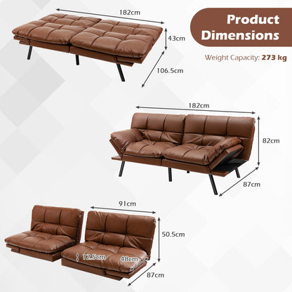 Convertible futon sofa bed with adjustable backrest, armrests, memory foam, and stylish compact design