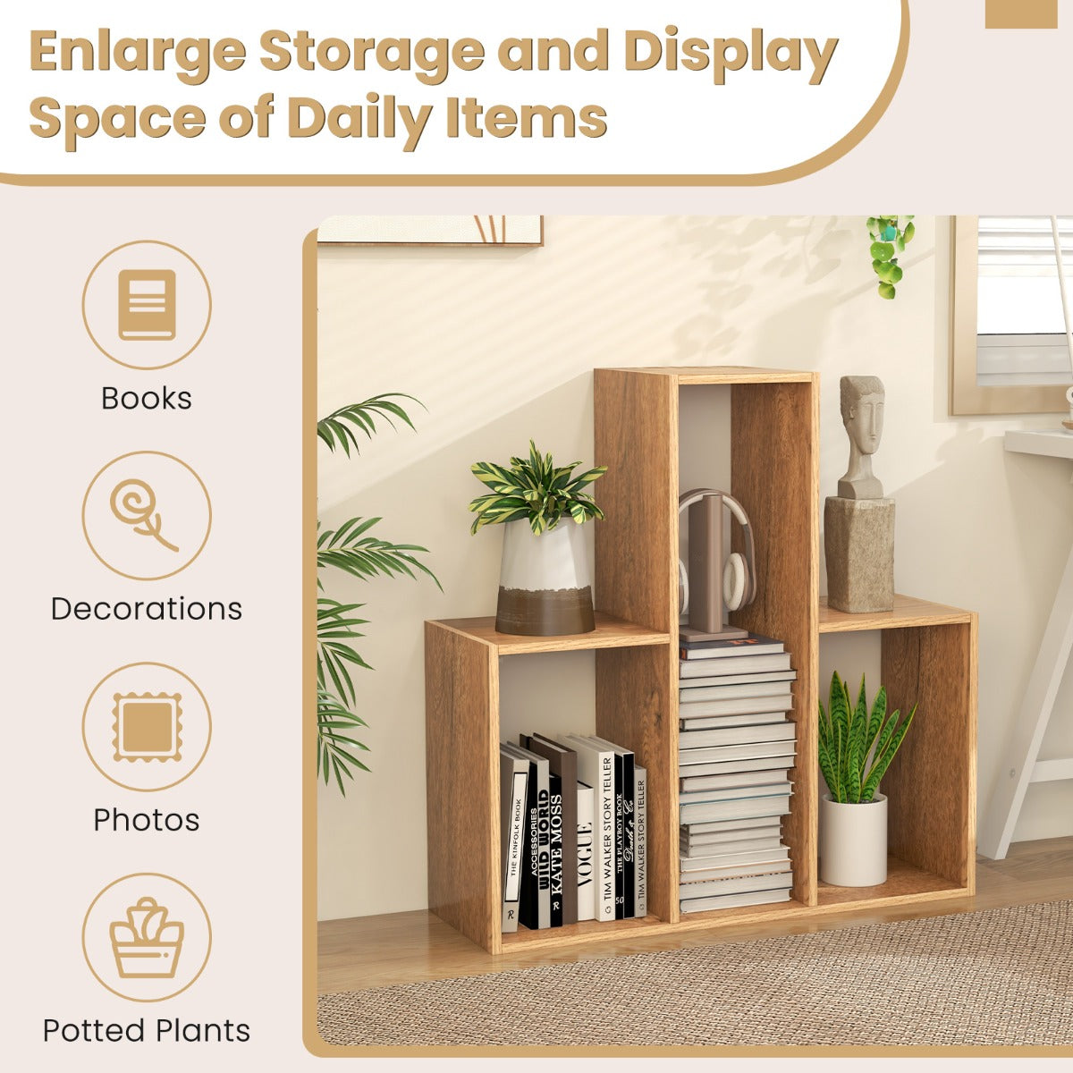 Three spacious shelves provide accessible storage while keeping treasured belongings attractively displayed