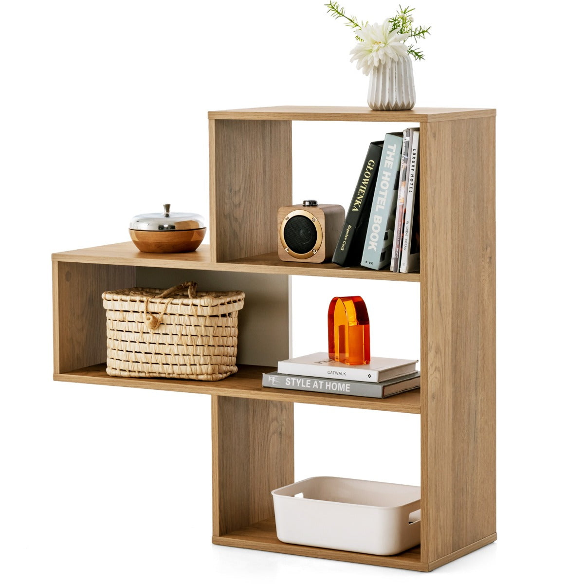Non-slip foot pads help prevent scratches and protect the floor beneath the freestanding shelf