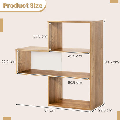 Concave or convex geometric bookcase offers three open shelves for books, plants, photos, and decorations