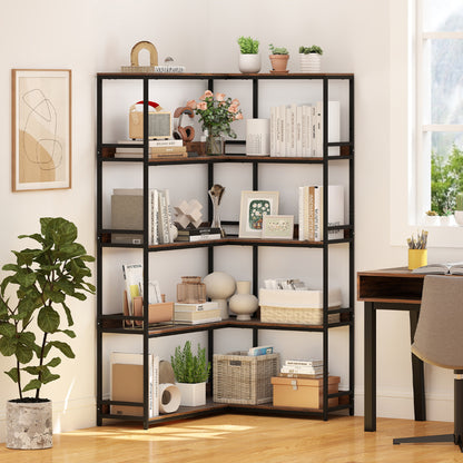 Corner Bookshelf with Metal Frame for Living Room and Home Office-Rustic Brown