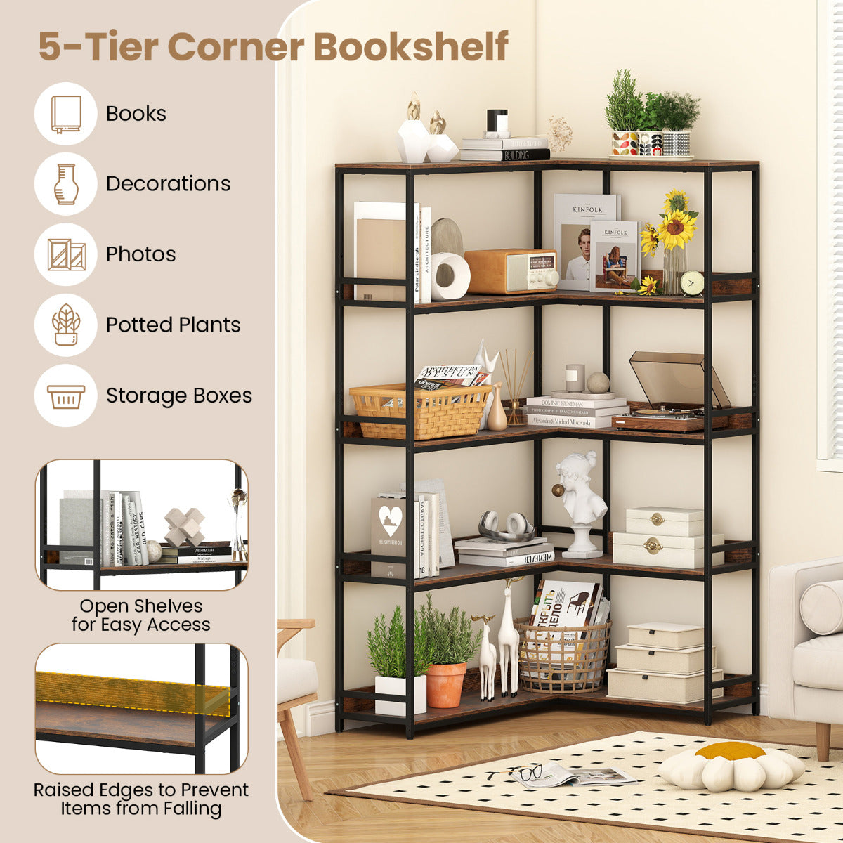 Corner Bookshelf with Metal Frame for Living Room and Home Office-Rustic Brown