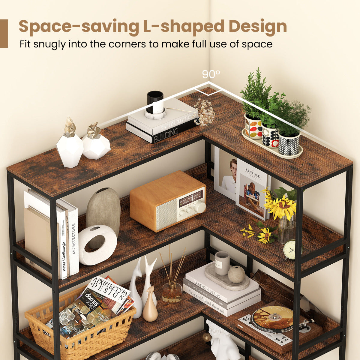 Corner Bookshelf with Metal Frame for Living Room and Home Office-Rustic Brown