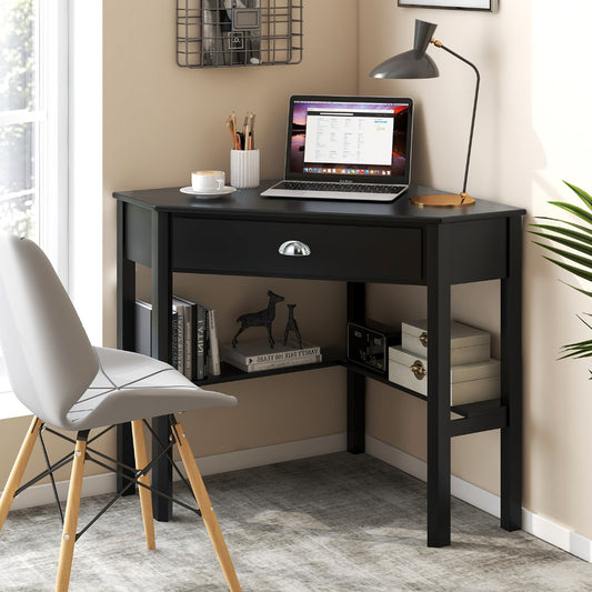 Costway Corner Computer Desk with Drawer &amp; Shelves for Office-Black