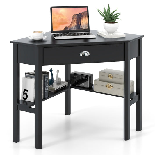 Costway Corner Computer Desk with Drawer &amp; Shelves for Office-Black