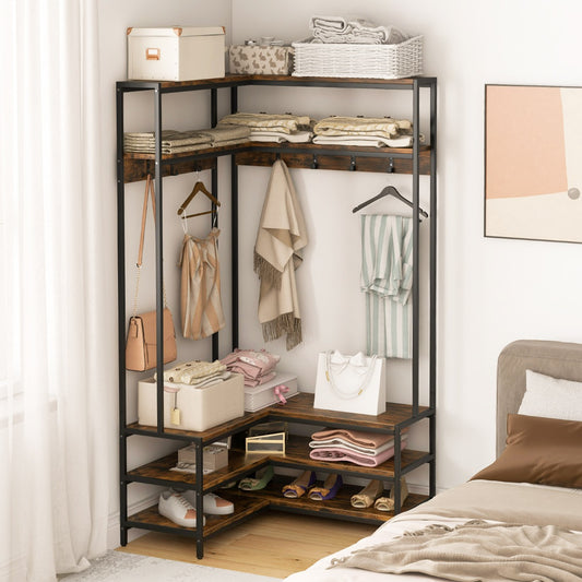 Costway Corner Garment Rack L-shaped Clothes Rack with Open Shelves and 7 Hooks-Rustic Brown