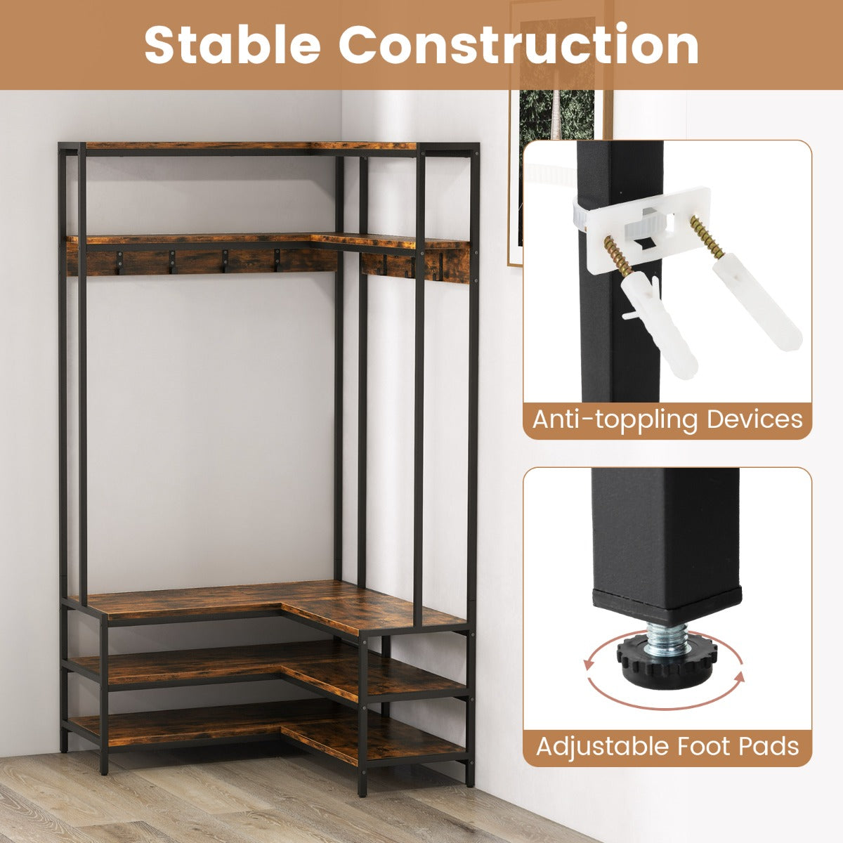 Rustic Brown L-Shaped Corner Garment Rack with Shelves and Hooks ...