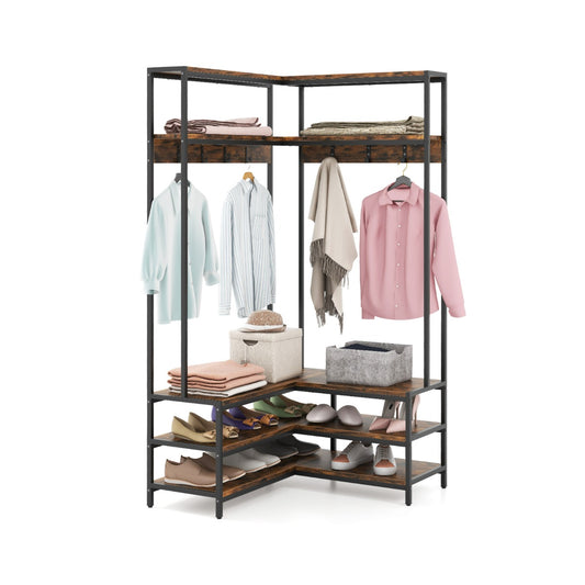 Costway Corner Garment Rack L-shaped Clothes Rack with Open Shelves and 7 Hooks-Rustic Brown