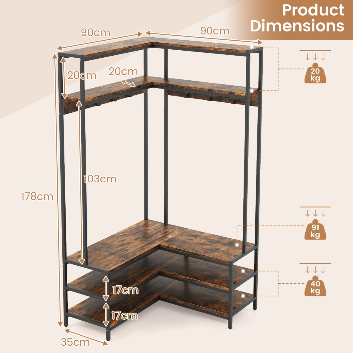 Rustic Brown L-Shaped Corner Garment Rack with Shelves and Hooks ...