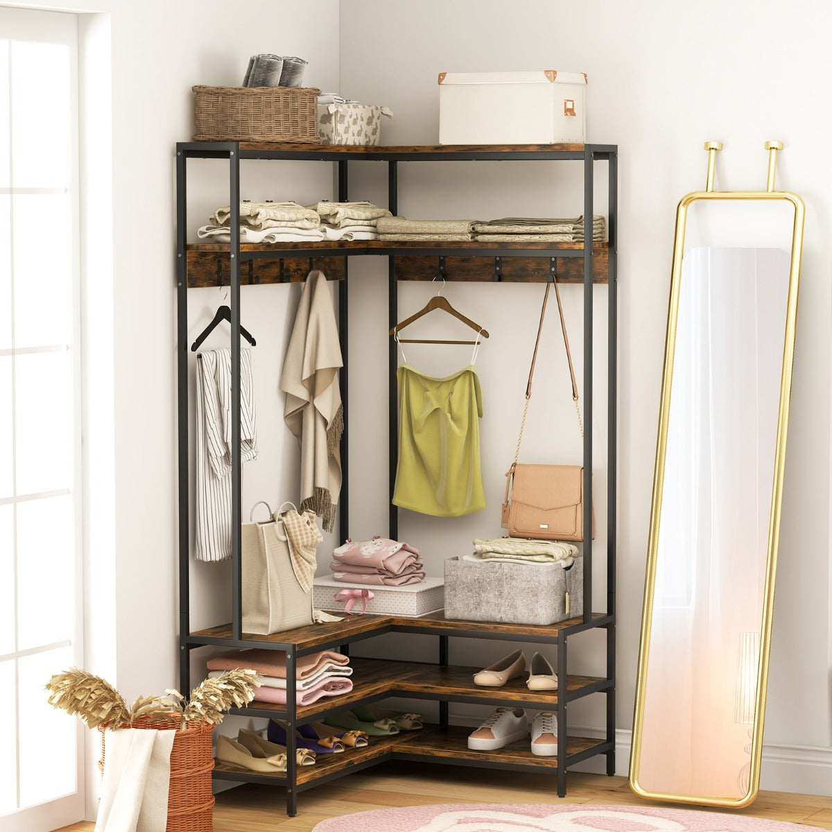 Rustic Brown L-Shaped Corner Garment Rack with Shelves and Hooks ...