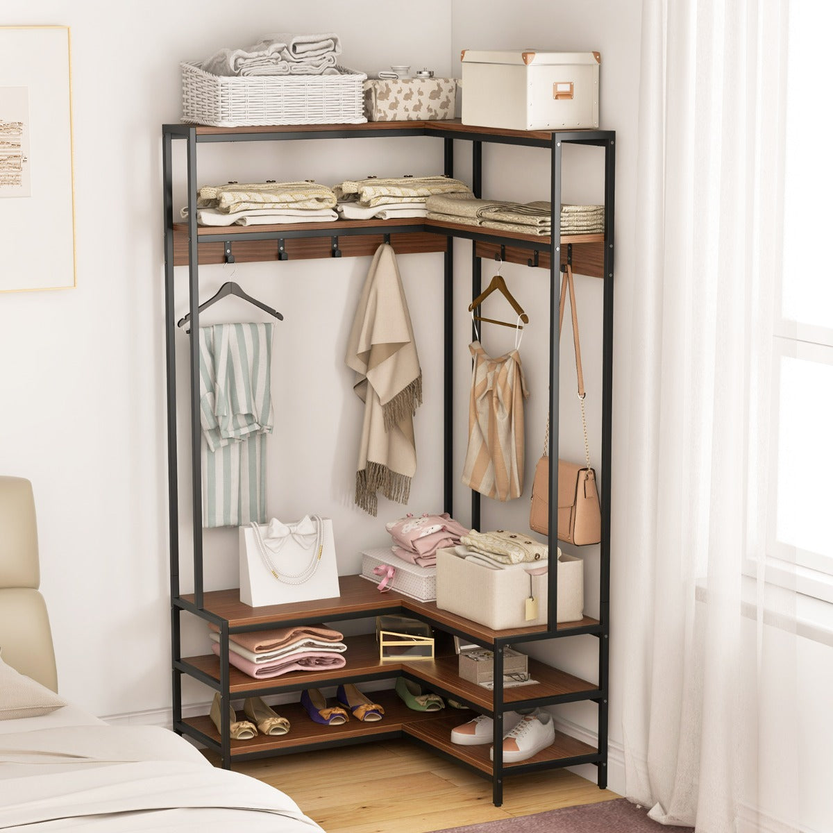 Ham Rack Shelf Costway Corner Garment Rack L-shaped Clothes Rack with Open Shelves an ...