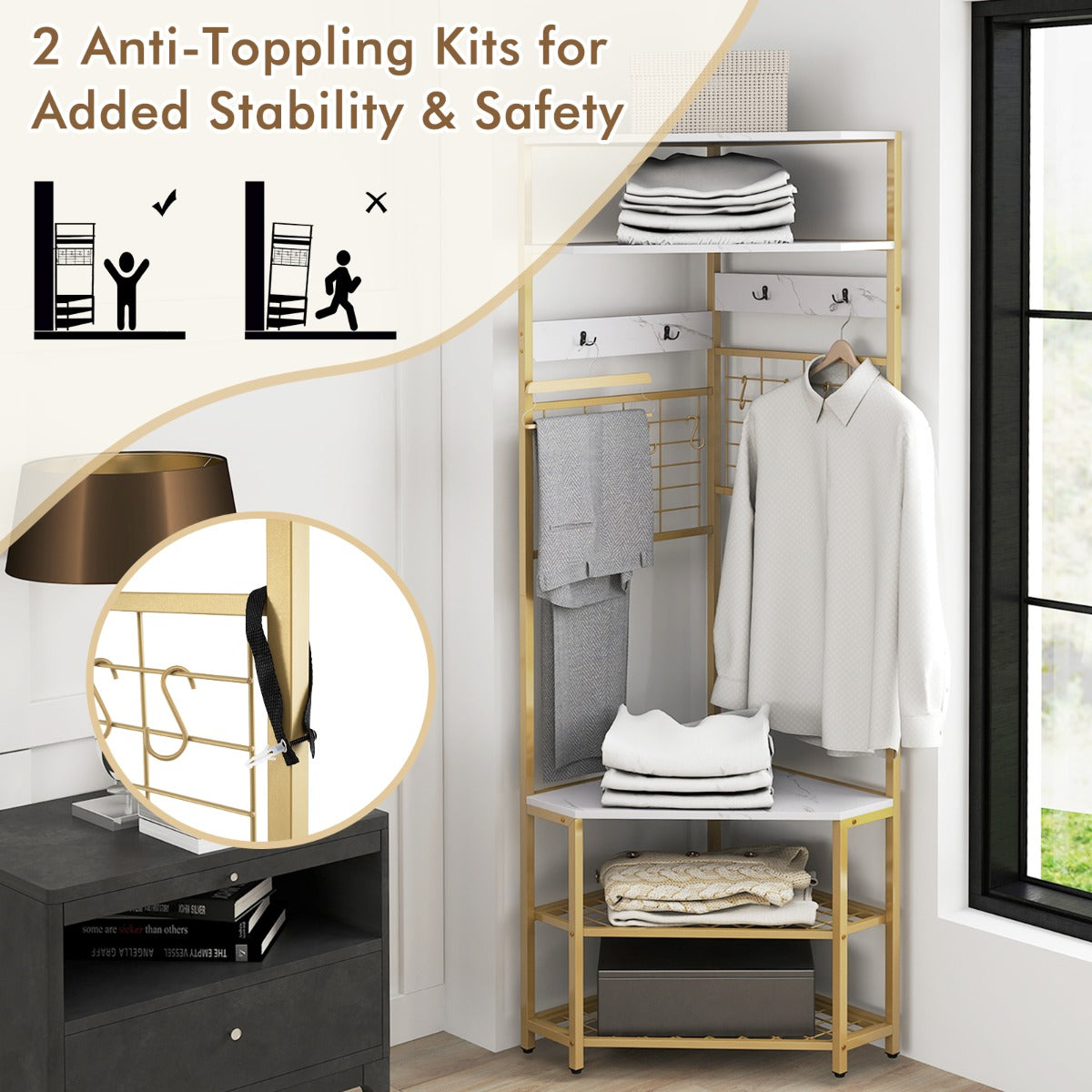 Corner Hall Tree 5-Tier Coat Rack with Shoe Storage Bench-White