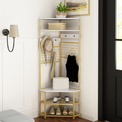 Corner Hall Tree 5-Tier Coat Rack with Shoe Storage Bench-White
