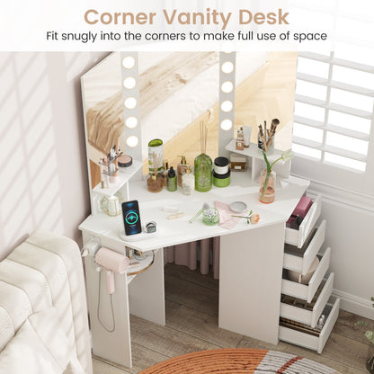 Corner Makeup Vanity Desk with Lighted Mirror and Power Outlets-White