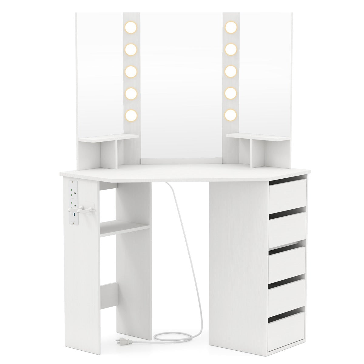 Corner Makeup Vanity Desk with Lighted Mirror and Power Outlets-White