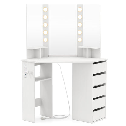 Corner Makeup Vanity Desk with Lighted Mirror and Power Outlets-White