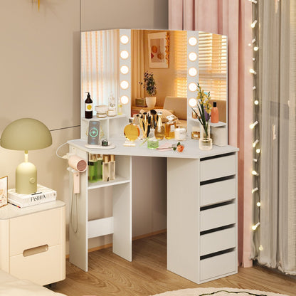 Corner Makeup Vanity Desk with Lighted Mirror and Power Outlets-White