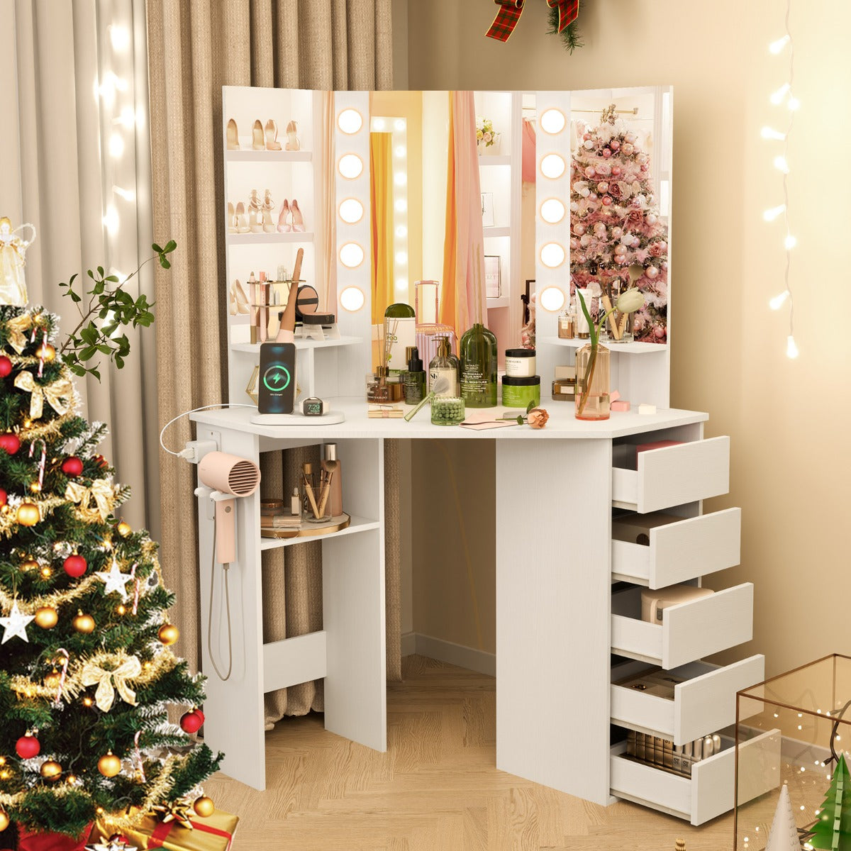 Corner Makeup Vanity Desk with Lighted Mirror and Power Outlets-White