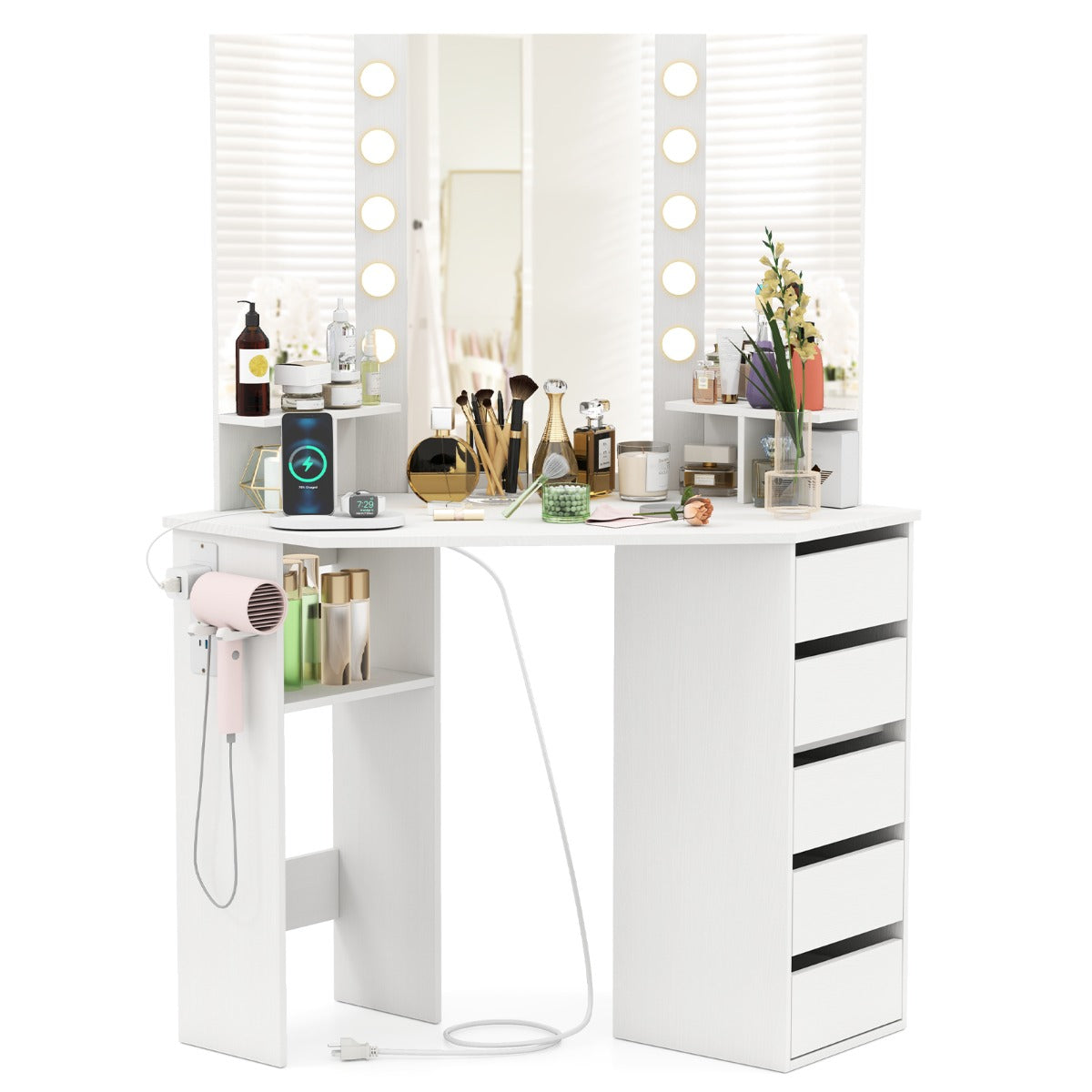 Corner Makeup Vanity Desk with Lighted Mirror and Power Outlets-White