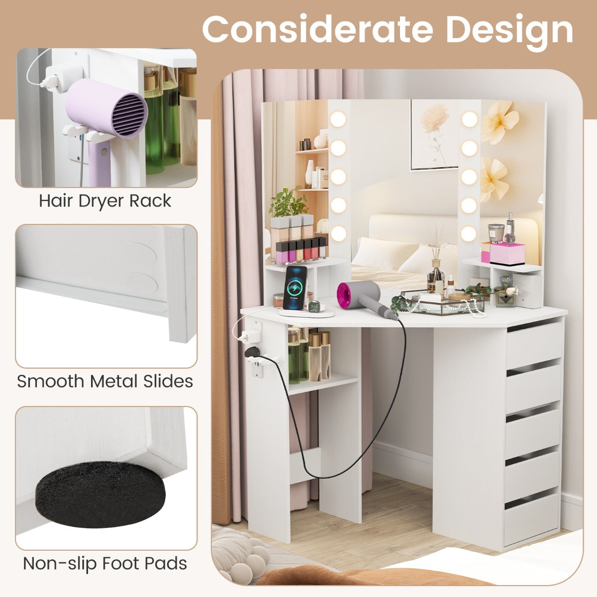 Corner Makeup Vanity Desk with Lighted Mirror and Power Outlets-White