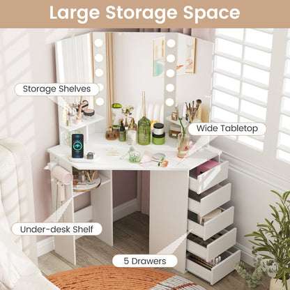 Corner Makeup Vanity Desk with Lighted Mirror and Power Outlets-White
