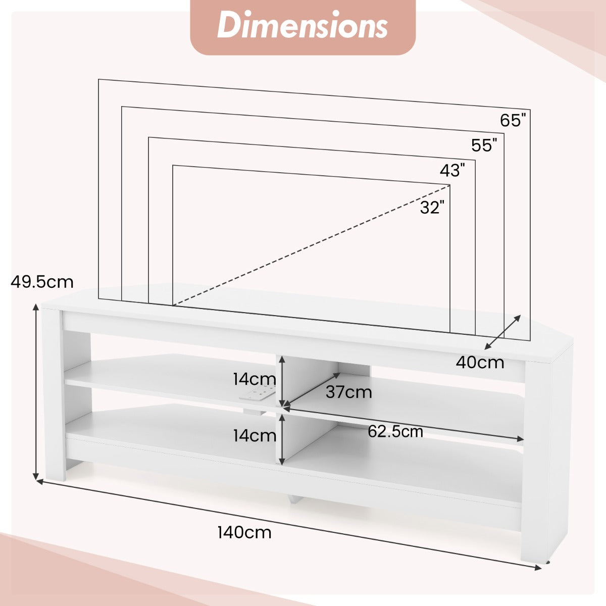 Corner TV stand fits neatly into living room or bedroom corners to save valuable floor space