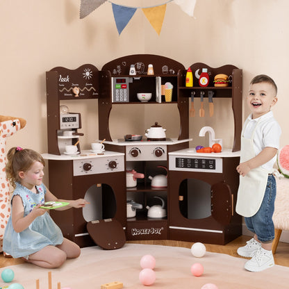 Corner Wooden Play Kitchen with Lights Sounds and Accessories-Coffee