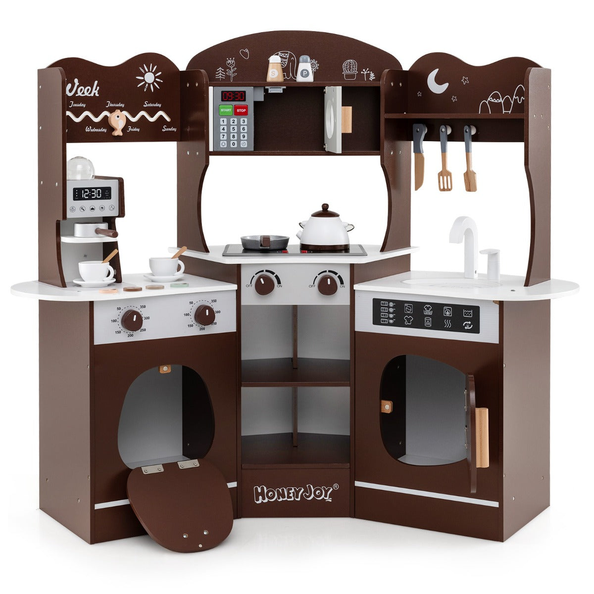 Corner Wooden Play Kitchen with Lights Sounds and Accessories-Coffee