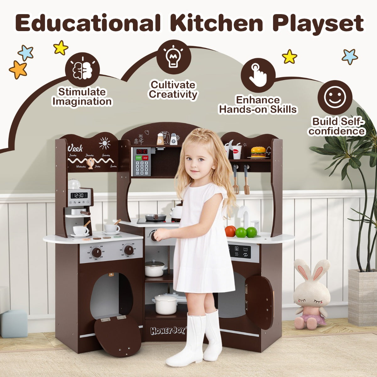 Corner Wooden Play Kitchen with Lights Sounds and Accessories-Coffee