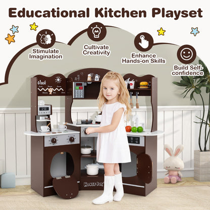 Corner Wooden Play Kitchen with Lights Sounds and Accessories-Coffee