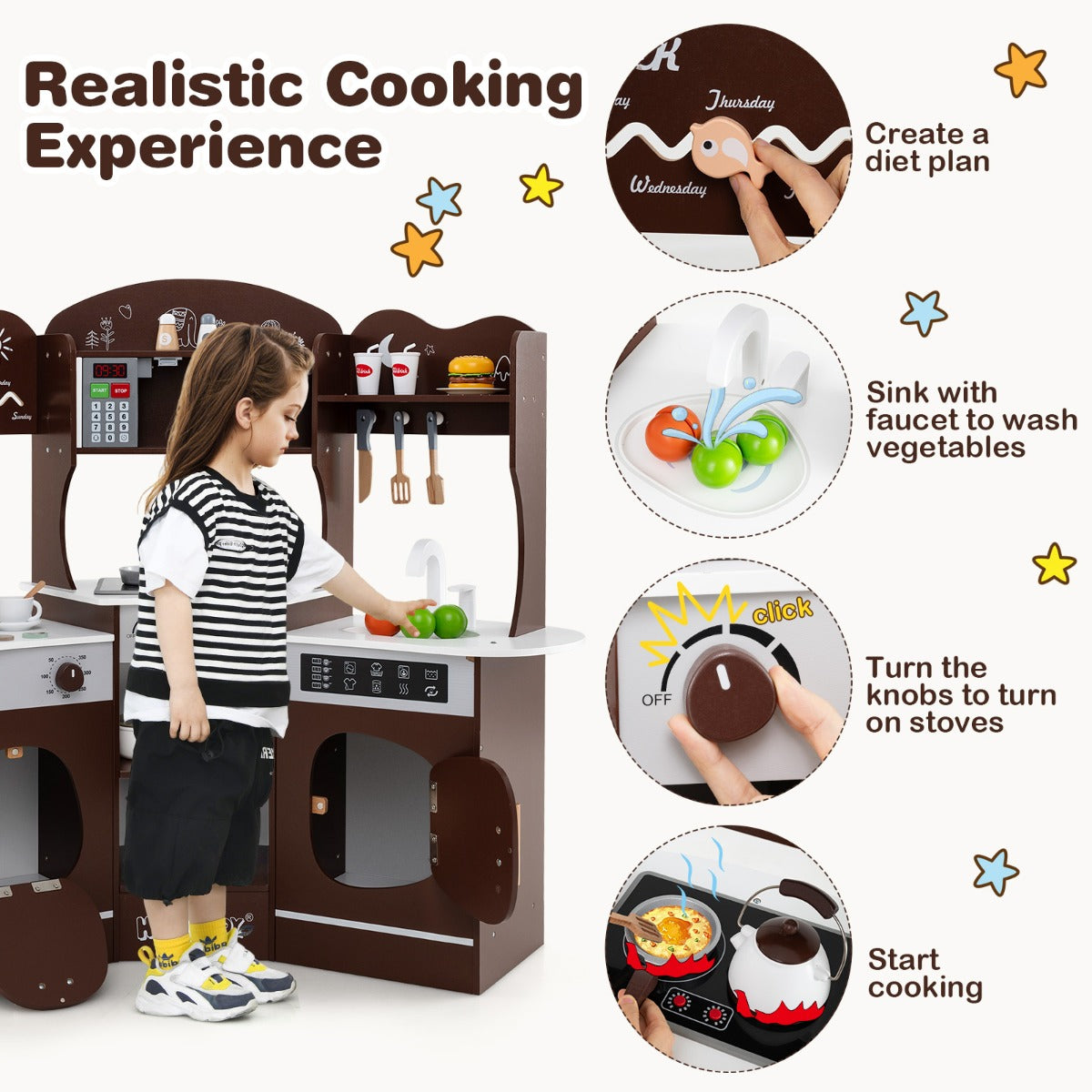 Corner Wooden Play Kitchen with Lights Sounds and Accessories-Coffee