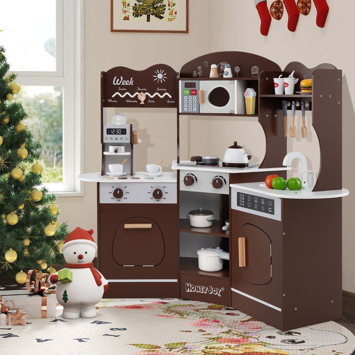 Corner Wooden Play Kitchen with Lights Sounds and Accessories-Coffee