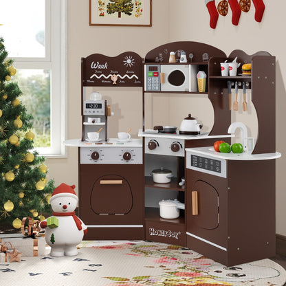 Corner Wooden Play Kitchen with Lights Sounds and Accessories-Coffee