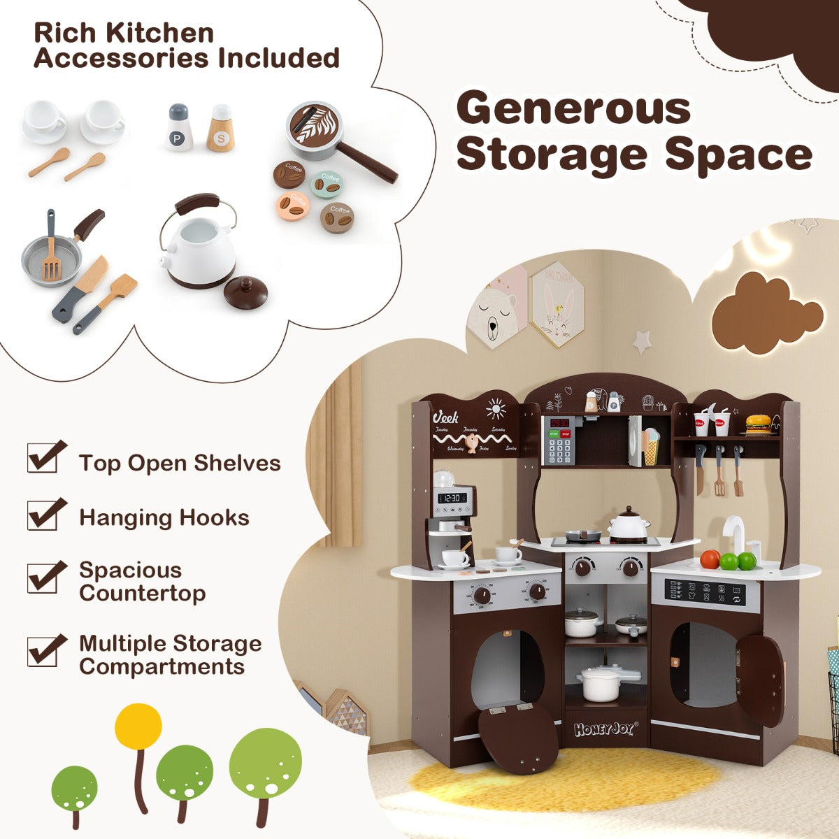 Corner Wooden Play Kitchen with Lights Sounds and Accessories-Coffee